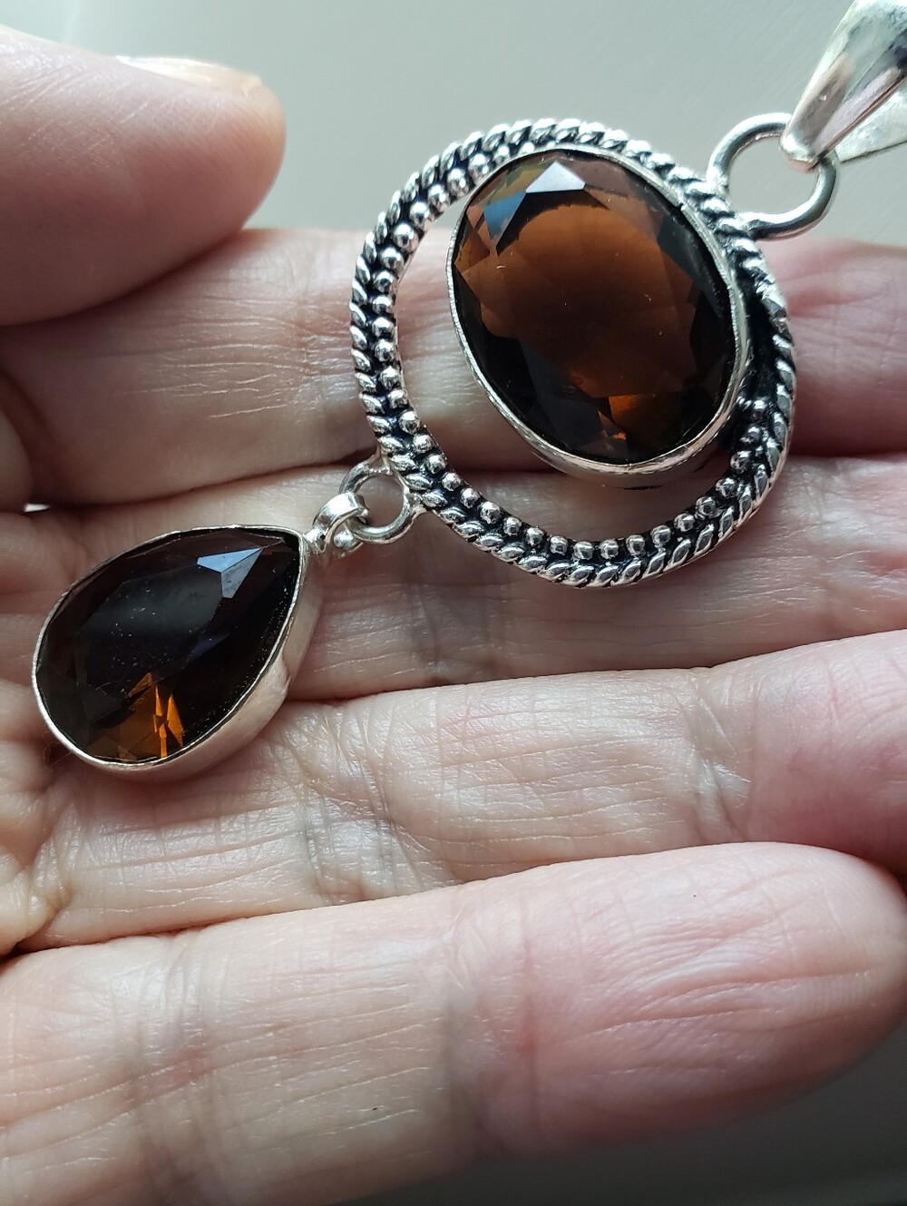 NEW Smoky Topaz Large Faceted Stones, Stamped Sterling Pendant, On Silver Chain.